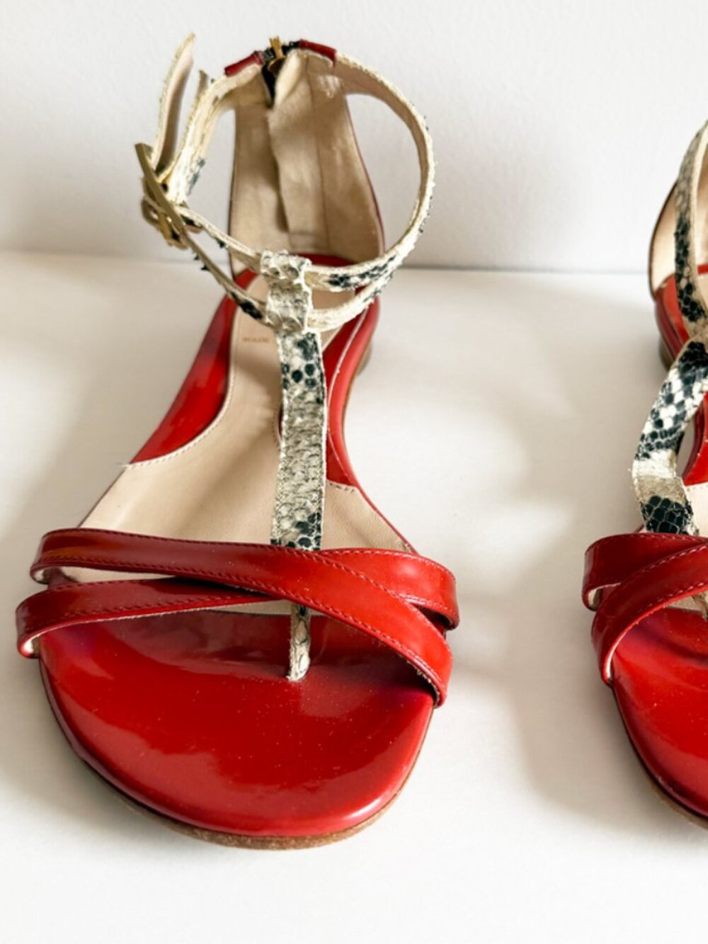 Fendi Red Patent Leather & Snakeskin T-Strap Flat Sandals EU 36.5 | Made in Ital